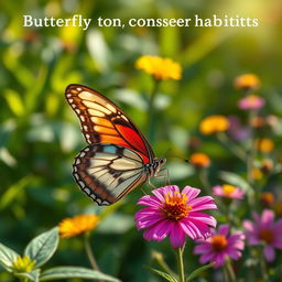 A stunning, realistic butterfly perched delicately on a vibrant flower, surrounded by lush green foliage in a natural setting