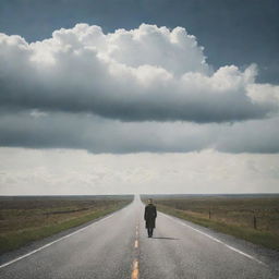 A solitary traveler journeying on an endless road that stretches into unfamiliar lands under a clouded sky.