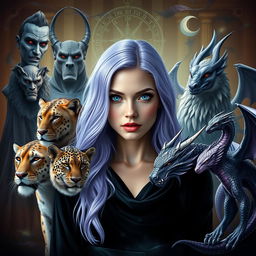 A striking lavender-haired female with captivating cobalt blue eyes, elegantly positioned at the center of the composition