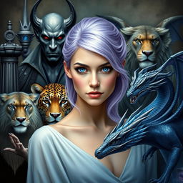 A striking lavender-haired female with captivating cobalt blue eyes, elegantly positioned at the center of the composition