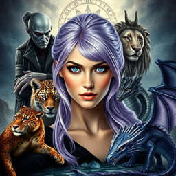 A striking lavender-haired female with captivating cobalt blue eyes, elegantly positioned at the center of the composition