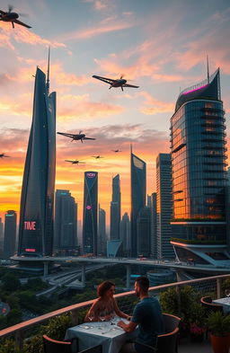 A futuristic city skyline at sunset, showcasing sleek skyscrapers with reflective glass and vibrant neon lights