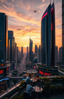 A futuristic city skyline at sunset, showcasing sleek skyscrapers with reflective glass and vibrant neon lights