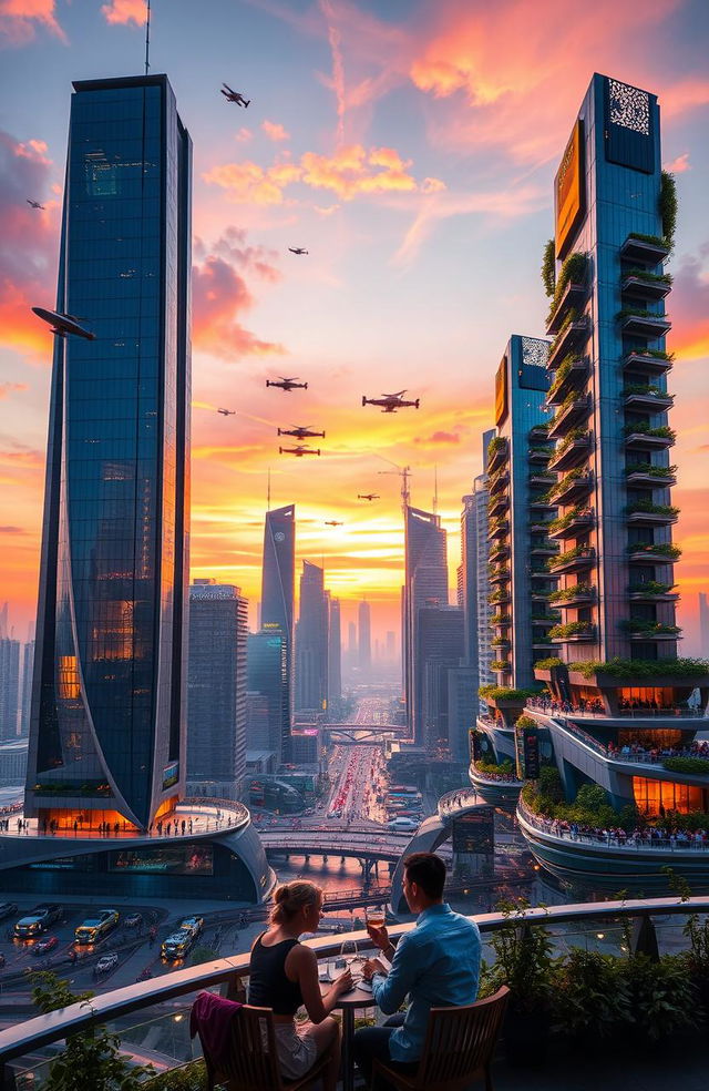 A futuristic city skyline at sunset, showcasing sleek skyscrapers with reflective glass and vibrant neon lights