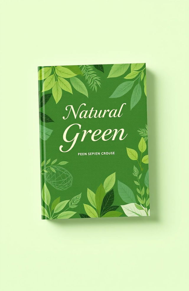 A natural book cover design featuring vibrant shades of green, incorporating elements of nature such as leaves, trees, and abstract patterns that evoke a sense of tranquility and freshness