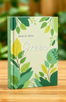 A natural book cover design featuring vibrant shades of green, incorporating elements of nature such as leaves, trees, and abstract patterns that evoke a sense of tranquility and freshness