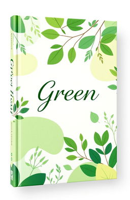 A natural book cover design featuring vibrant shades of green, incorporating elements of nature such as leaves, trees, and abstract patterns that evoke a sense of tranquility and freshness