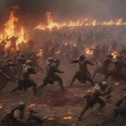 A fierce battle scene with warriors battling, blood being spilt, and fires raging in the background.