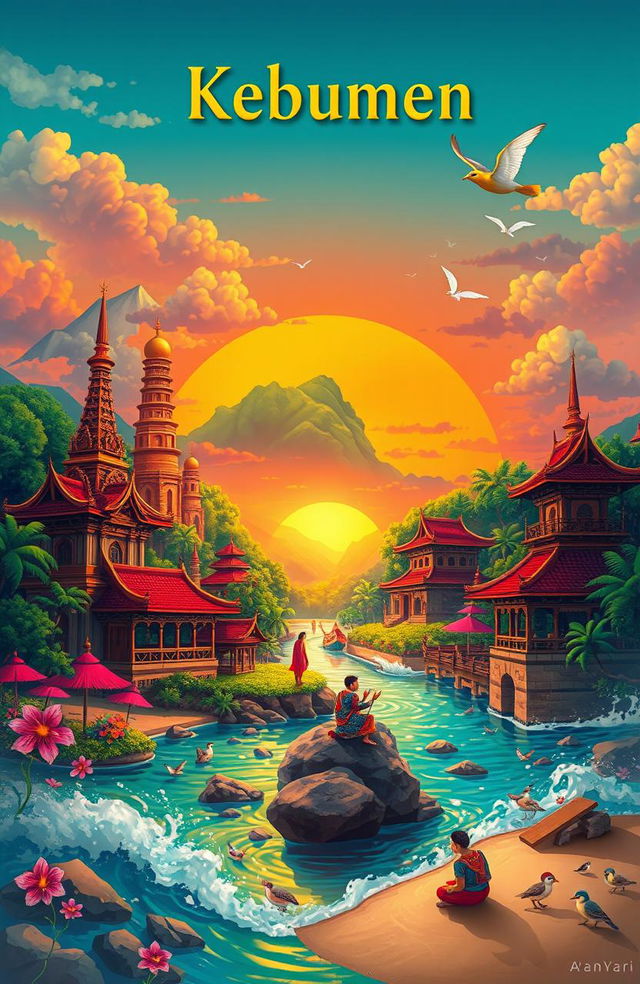 A mystical representation of the Kebumen City Legend, depicting the iconic landmarks and cultural elements of Kebumen City in a vibrant, colorful setting