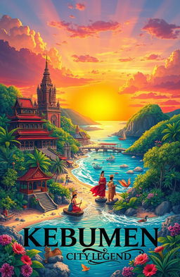 A mystical representation of the Kebumen City Legend, depicting the iconic landmarks and cultural elements of Kebumen City in a vibrant, colorful setting