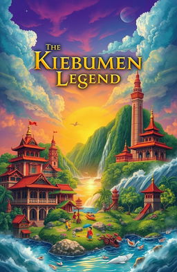 A mystical representation of the Kebumen City Legend, depicting the iconic landmarks and cultural elements of Kebumen City in a vibrant, colorful setting