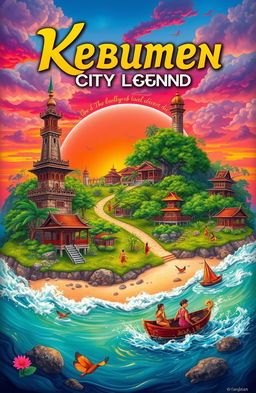 A mystical representation of the Kebumen City Legend, depicting the iconic landmarks and cultural elements of Kebumen City in a vibrant, colorful setting