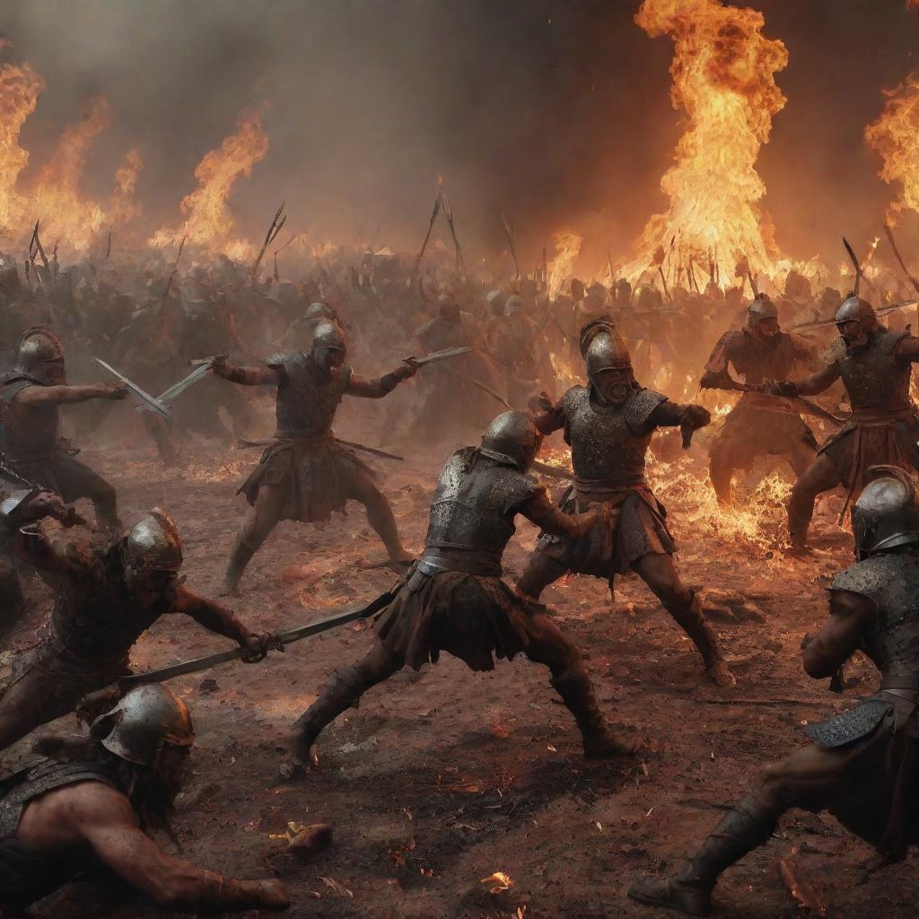 A fierce battle scene with warriors battling, blood being spilt, and fires raging in the background.