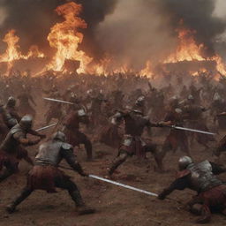 A fierce battle scene with warriors battling, blood being spilt, and fires raging in the background.