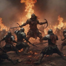 A fierce battle scene with warriors battling, blood being spilt, and fires raging in the background.