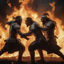 Dynamic scene of formidable warriors smashing through the boundaries with intense fire and fury.