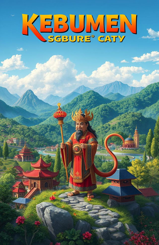 An artistic representation of a legendary scene related to Kebumen City, showcasing a mythical figure from local folklore amidst a scenic backdrop of Kebumen's beautiful landscapes