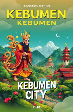 An artistic representation of a legendary scene related to Kebumen City, showcasing a mythical figure from local folklore amidst a scenic backdrop of Kebumen's beautiful landscapes