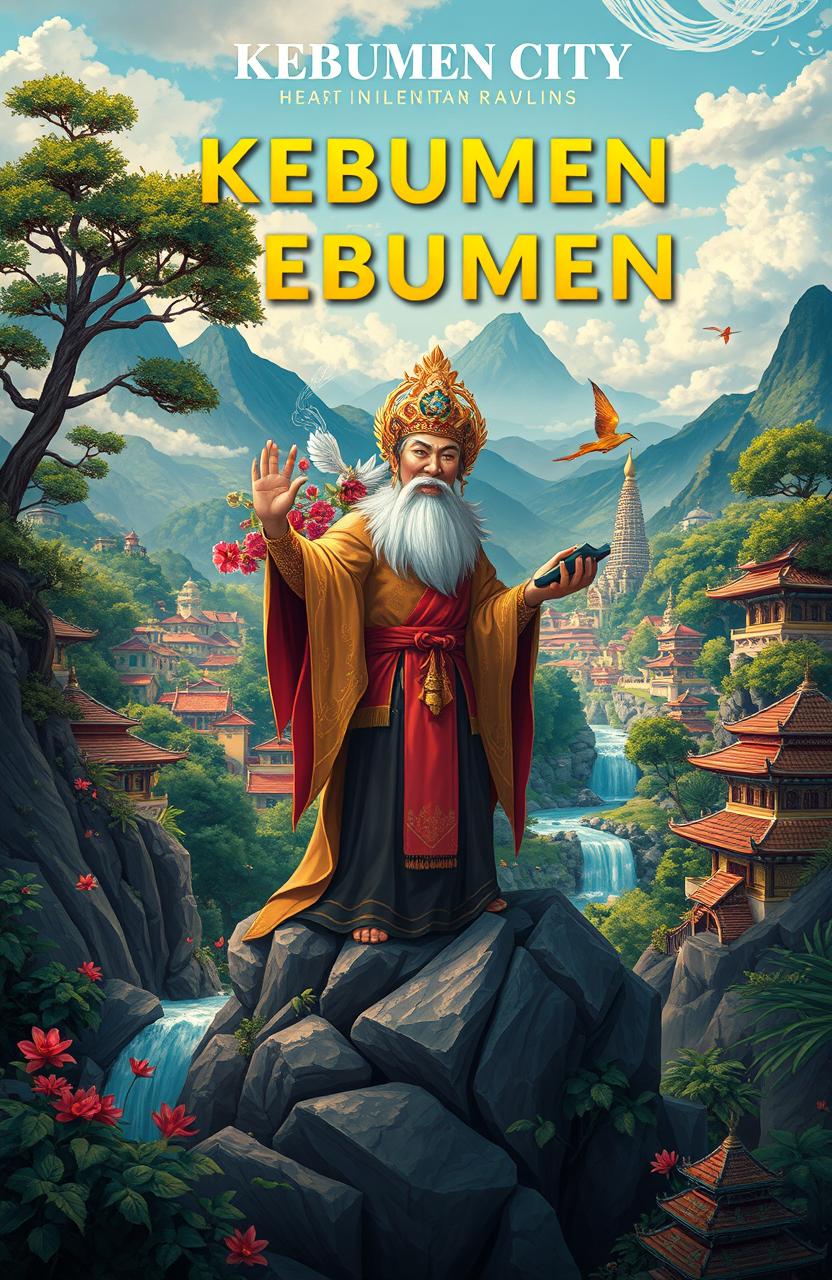 An artistic representation of a legendary scene related to Kebumen City, showcasing a mythical figure from local folklore amidst a scenic backdrop of Kebumen's beautiful landscapes