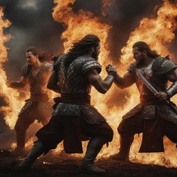 Dynamic scene of formidable warriors smashing through the boundaries with intense fire and fury.