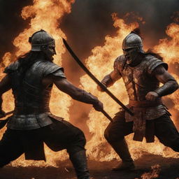 Dynamic scene of formidable warriors smashing through the boundaries with intense fire and fury.