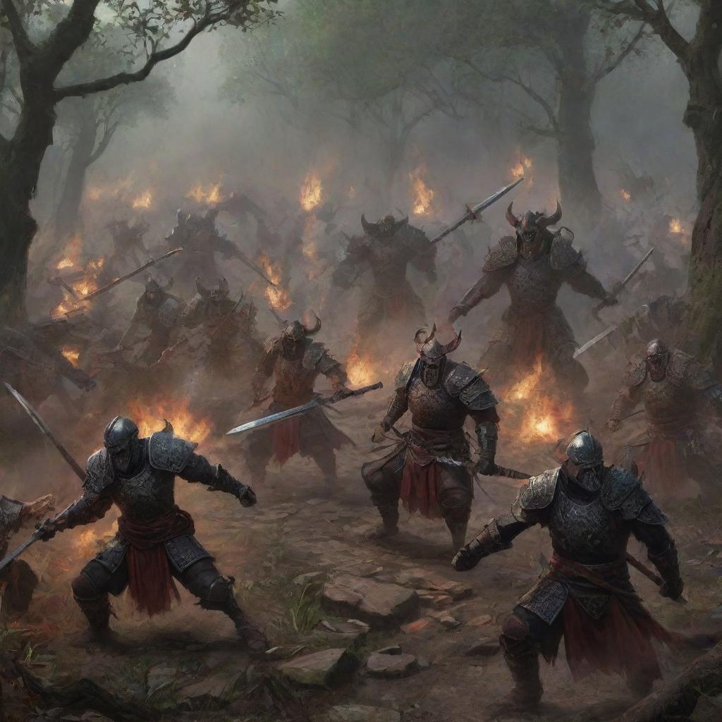 Grim warriors slaying their foes along a winding path, creating a scene of chaos and determination.