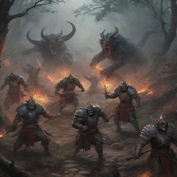 Grim warriors slaying their foes along a winding path, creating a scene of chaos and determination.