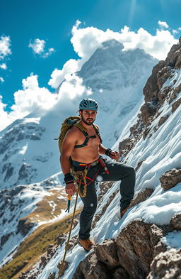A muscular man in climbing gear scales the imposing, snowy slopes of Mount Kailash, a sacred peak towering in the background