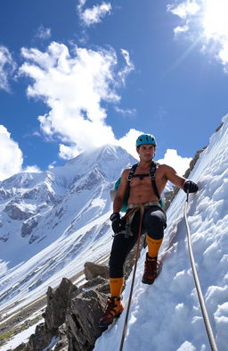 A muscular man in climbing gear scales the imposing, snowy slopes of Mount Kailash, a sacred peak towering in the background