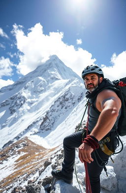 A muscular man in climbing gear scales the imposing, snowy slopes of Mount Kailash, a sacred peak towering in the background