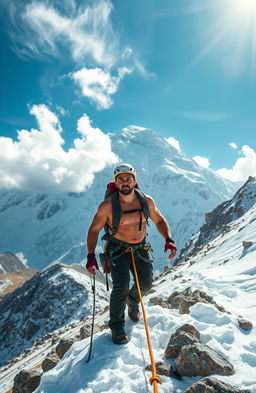 A muscular man in climbing gear scales the imposing, snowy slopes of Mount Kailash, a sacred peak towering in the background