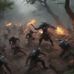 Grim warriors slaying their foes along a winding path, creating a scene of chaos and determination.