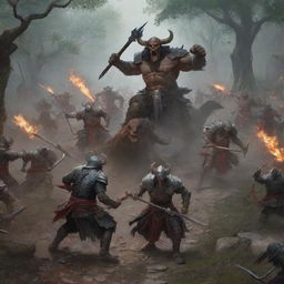 Grim warriors slaying their foes along a winding path, creating a scene of chaos and determination.