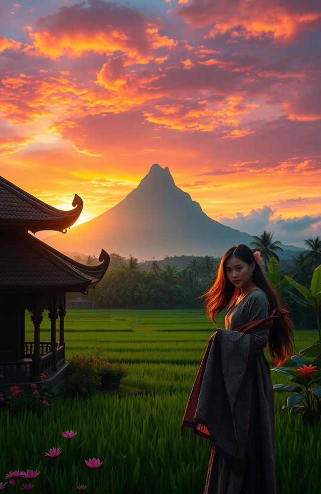 A mystical scene inspired by the legend of Kebumen City, featuring a serene Javanese landscape