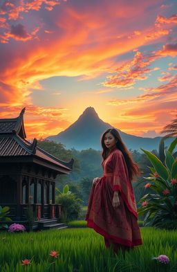 A mystical scene inspired by the legend of Kebumen City, featuring a serene Javanese landscape