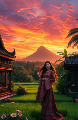 A mystical scene inspired by the legend of Kebumen City, featuring a serene Javanese landscape