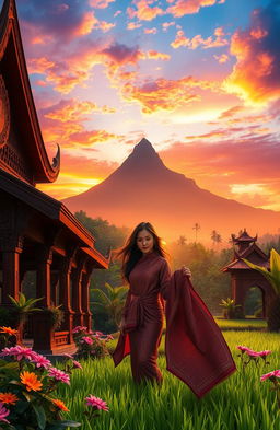 A mystical scene inspired by the legend of Kebumen City, featuring a serene Javanese landscape