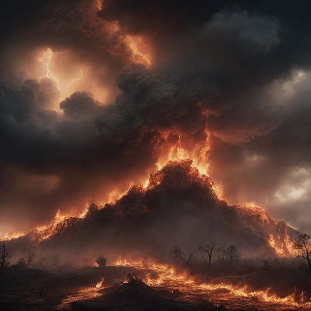 A foreboding scene of hell fires raging amidst a growing storm, showcasing a battle between nature's fury and supernatural wrath.