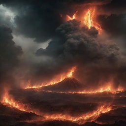 A foreboding scene of hell fires raging amidst a growing storm, showcasing a battle between nature's fury and supernatural wrath.