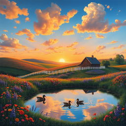 A hyper-realistic painting of a serene countryside landscape at sunset, featuring rolling hills covered in vibrant wildflowers, a clear blue sky dotted with fluffy clouds reflecting warm hues of orange, pink, and purple from the setting sun