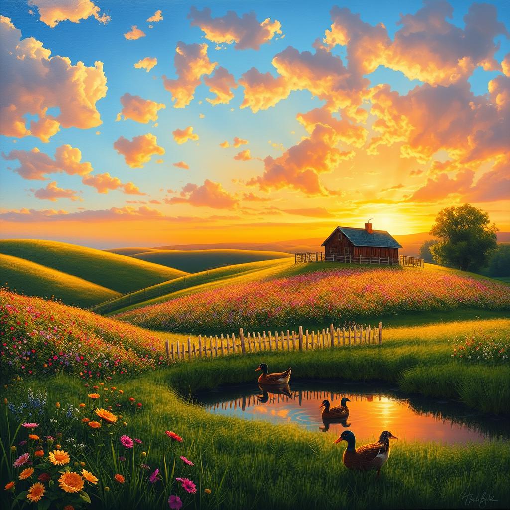 A hyper-realistic painting of a serene countryside landscape at sunset, featuring rolling hills covered in vibrant wildflowers, a clear blue sky dotted with fluffy clouds reflecting warm hues of orange, pink, and purple from the setting sun