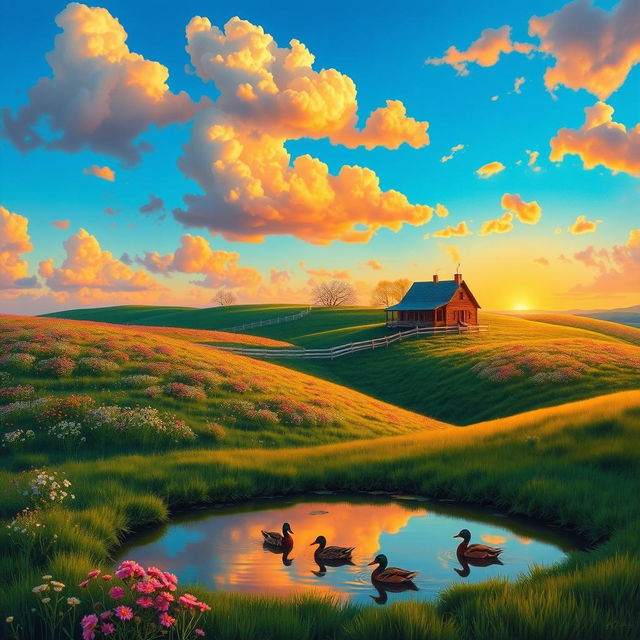 A hyper-realistic painting of a serene countryside landscape at sunset, featuring rolling hills covered in vibrant wildflowers, a clear blue sky dotted with fluffy clouds reflecting warm hues of orange, pink, and purple from the setting sun