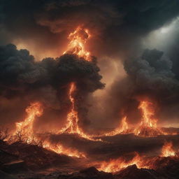 A foreboding scene of hell fires raging amidst a growing storm, showcasing a battle between nature's fury and supernatural wrath.