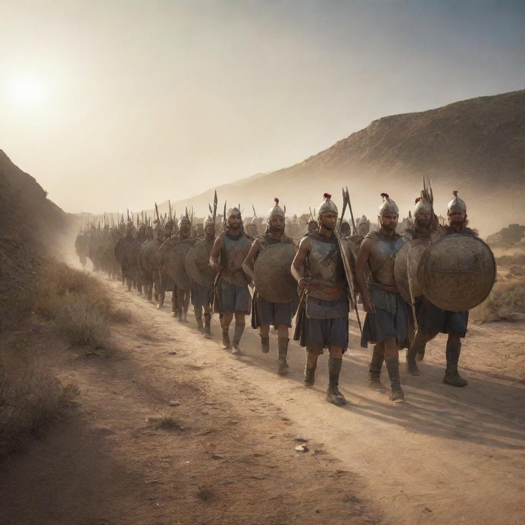 Warriors marching confidently on a path towards victory, their path illuminated by a distant sun.