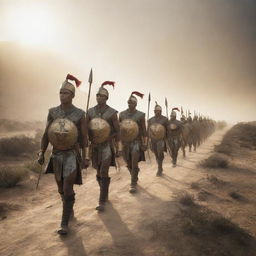 Warriors marching confidently on a path towards victory, their path illuminated by a distant sun.