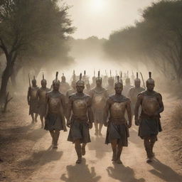 Warriors marching confidently on a path towards victory, their path illuminated by a distant sun.