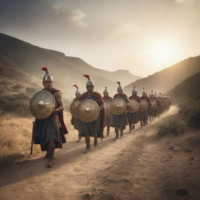 Warriors marching confidently on a path towards victory, their path illuminated by a distant sun.