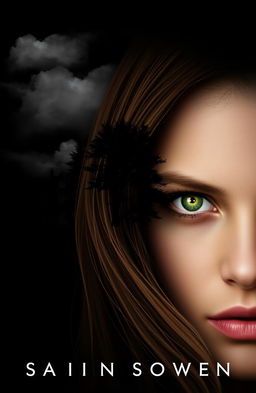 A book cover design with a black background featuring subtle clouds