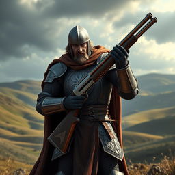 A knight in ornate, medieval armor holding a double-barrel shotgun, standing heroically in a fantasy landscape