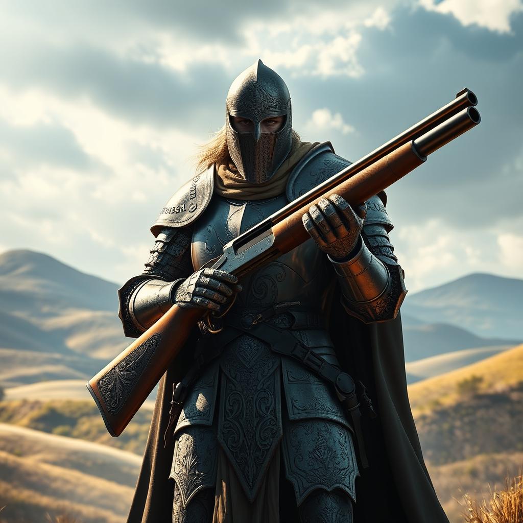 A knight in ornate, medieval armor holding a double-barrel shotgun, standing heroically in a fantasy landscape